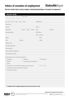 Advice of Cessation of Employment Form