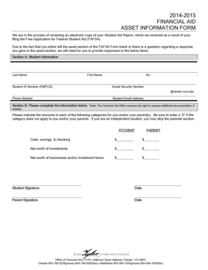 2014-2015 FINANCIAL AID ASSET INFORMATION FORM We are in the process of reviewing an electronic copy of your Student Aid Report, which we received as a result of your filing the Free Application for Federal Student Aid (FAFSA) - jtcc