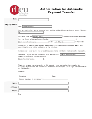 Authorization for Automatic Payment Transfer