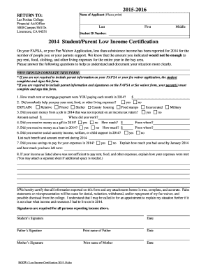 Student Parent Low Income Certification