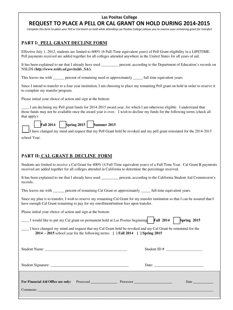 Fillable Online laspositascollege LPC Pell Grant/Cal Grant Hold Form