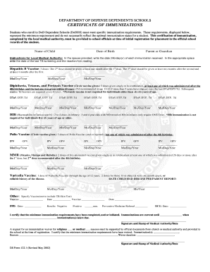 DoD Dependent Schools Certificate of Immunizations
