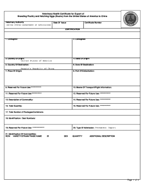 Veterinary Health Certificate for Export of Breeding Poultry and Hatching Eggs