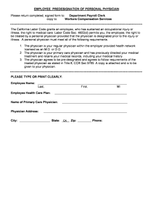 California Employee Predesignation of Personal Physician Form