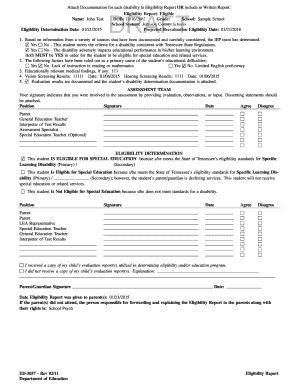 Tennessee Eligibility Report for Special Education