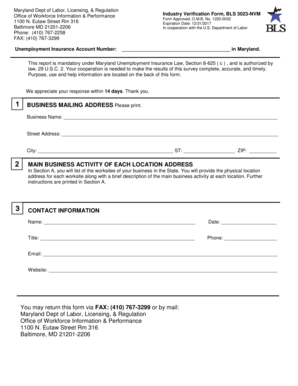 Maryland Industry Verification Form BLS 3023-NVM