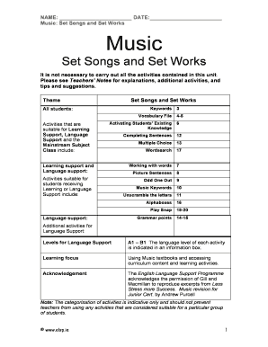 Music Set Songs and Set Works Worksheet