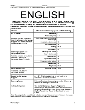 Introduction to Newspapers and Advertising Worksheet