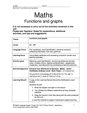 Maths Functions and Graphs Worksheet