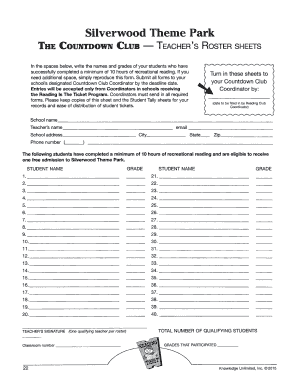 Teacher's Roster Sheet for Silverwood Theme Park
