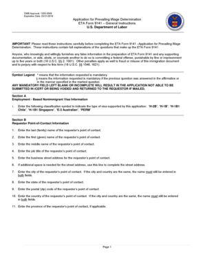 ETA Form 9141 - Application for Prevailing Wage Determination