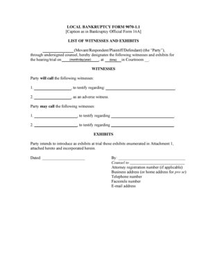 Bankruptcy Witness and Exhibit List Form 9070-1.1