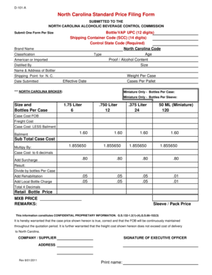 North Carolina Standard Price Filing Form