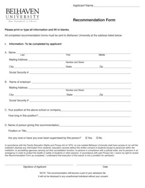 Belhaven University Recommendation Form