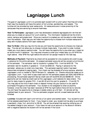 Lagniappe Lunch Prepaid Order Form