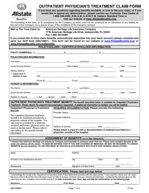 Table of 22 - Outpatient physician's treatment claim form - Employers Resource