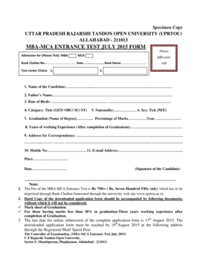 MBA-MCA ENTRANCE TEST JULY 2015 FORM - uprtou - uprtou ac