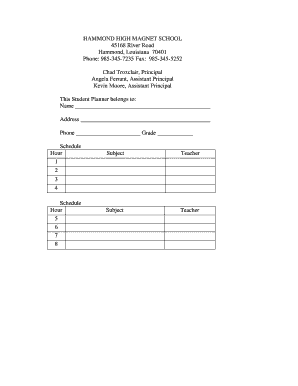 Hammond High Magnet School Student Planner