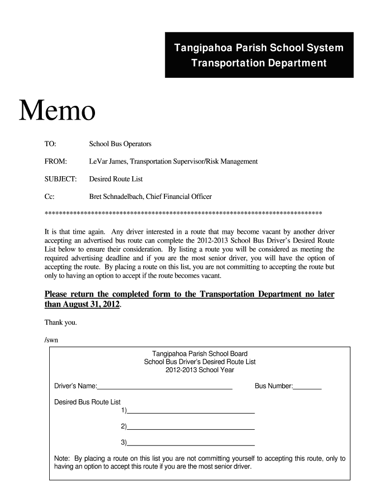 Fillable Online tangischools Desired Bus Route Tangipahoa Parish Schools Fax Email Print