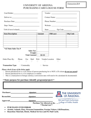 University of Arizona Purchasing Card Log Form