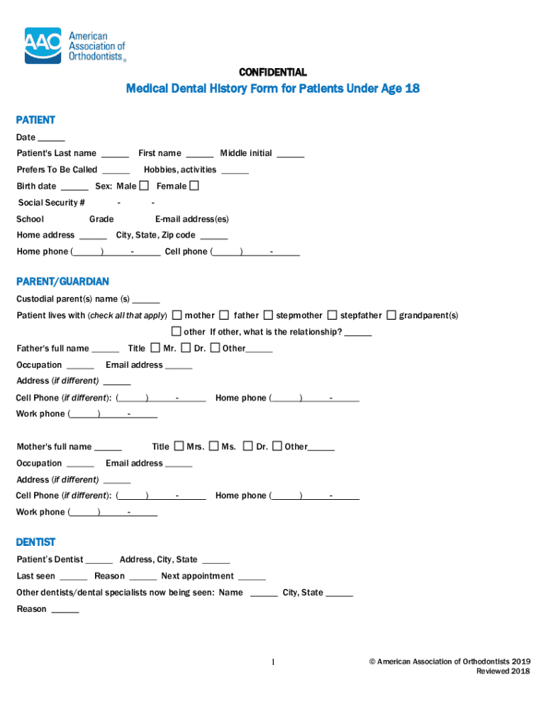 Medical Dental History Form for Patients Under Age 18 Medical Dental