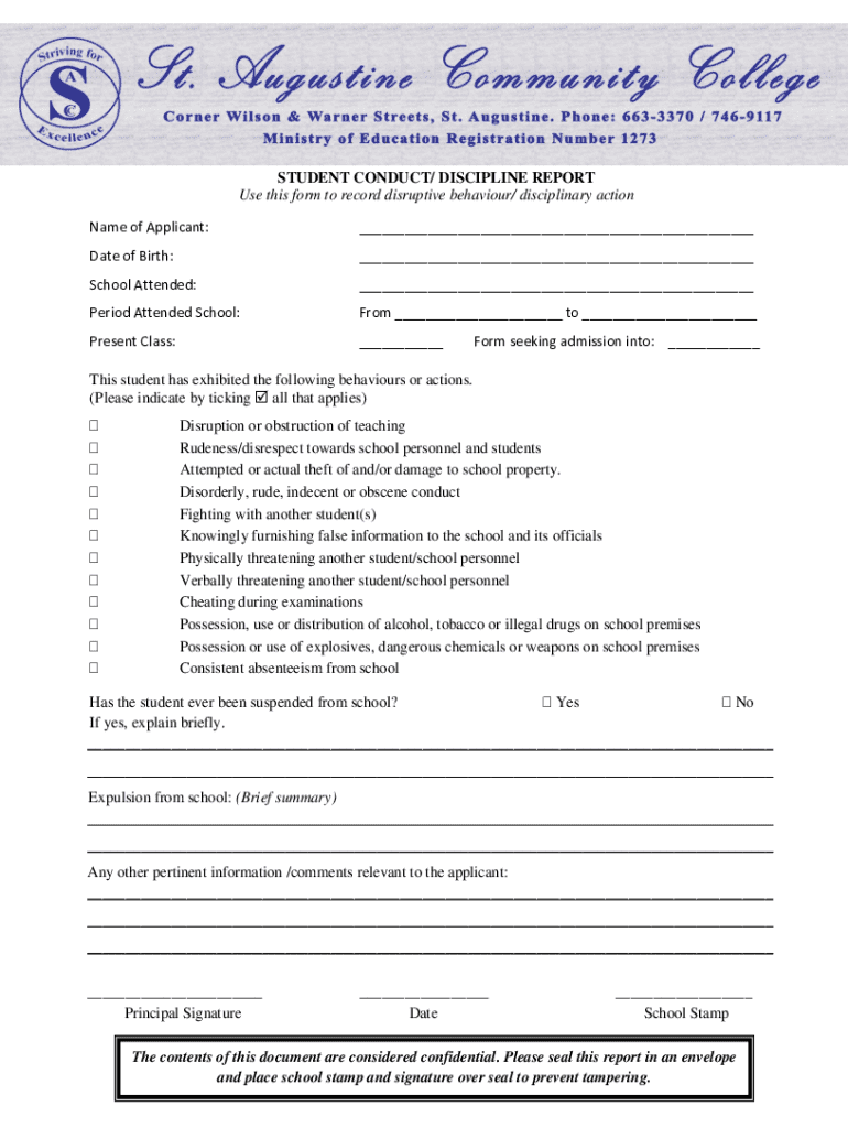 Fillable Online Student Behavior Report Form Template Fax Email Print ...