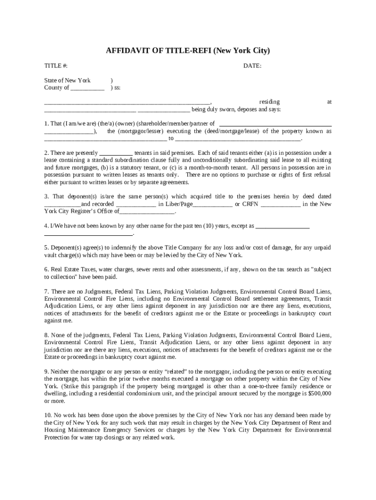 AFFIDAVIT OF TITLE-REFI (New York City) Doc Template | pdfFiller