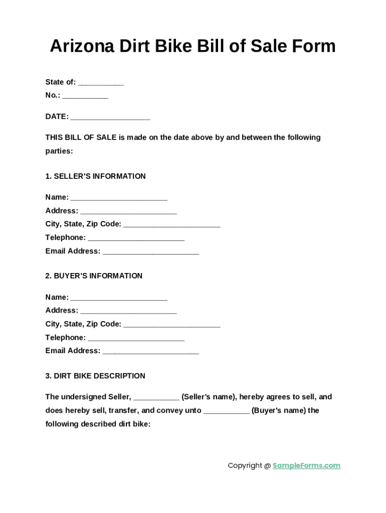 Valid Arizona Motorcycle Bill of Sale Template Doc Template | pdfFiller