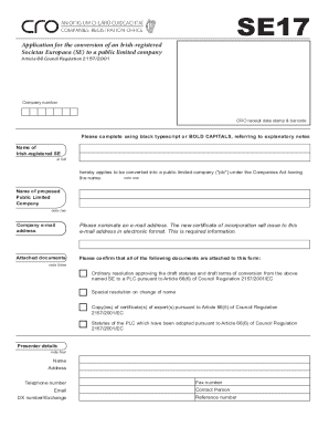 SE17 Application for Conversion of Irish-registered SE to PLC