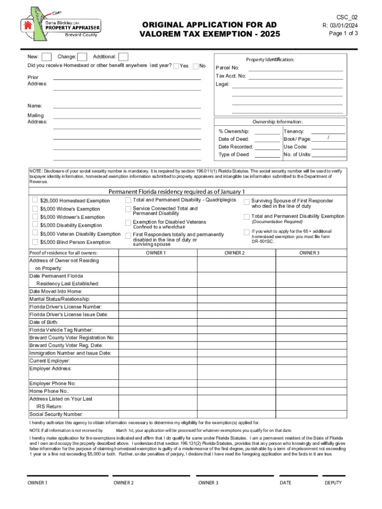 Brevard County Property Appraiser Original Application for Ad Valorem Tax Exemption Preview on Page 1