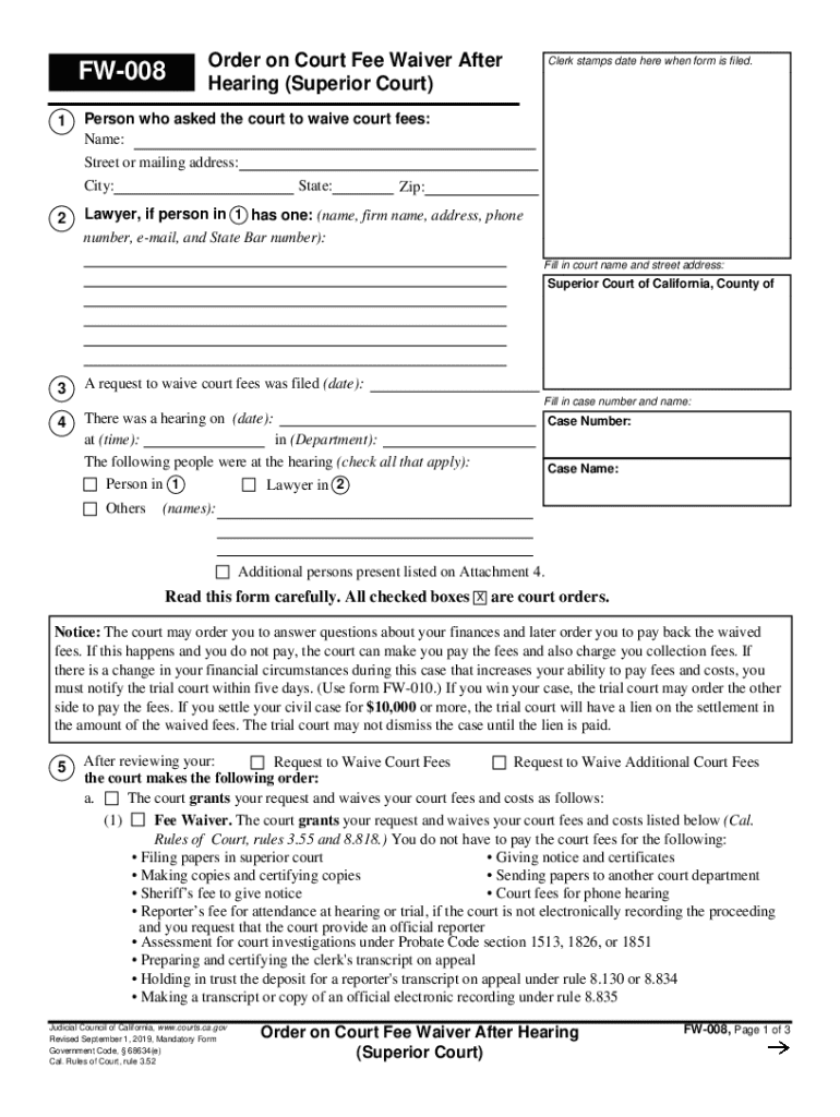 FW-008 Order on Court Fee Waiver After Hearing (Superior Preview on Page 1