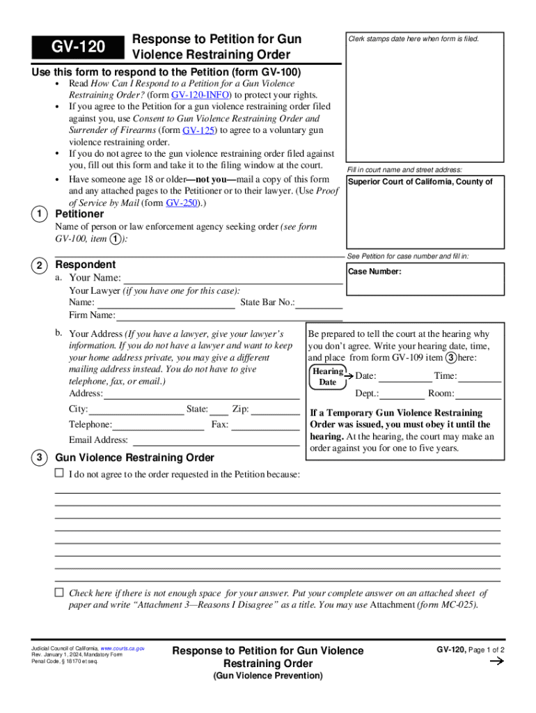 GV-120 Response to Petition for Gun Violence Restraining Order Preview on Page 1