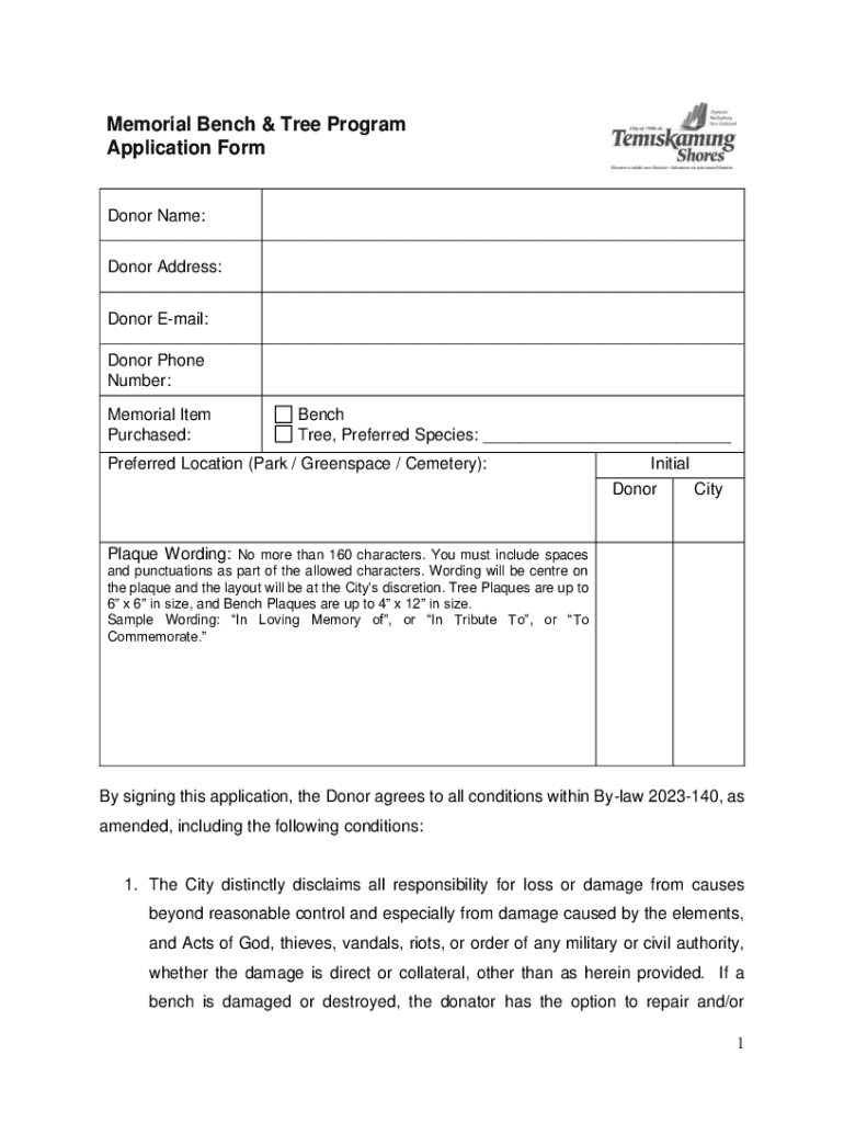 Fillable Online Memorial Bench & Tree Program Application Form Fax ...