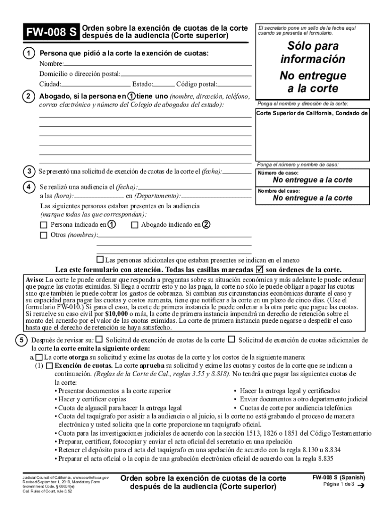 Orden sobre la exencin de cuotas de la corte despus de la audiencia (Corte superior) Judicial Counci Preview on Page 1
