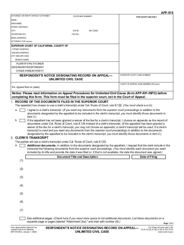APP-010 Respondent's Notice Designating Record on AppealUnlimited Civil Case Judicial Council forms Preview on Page 1