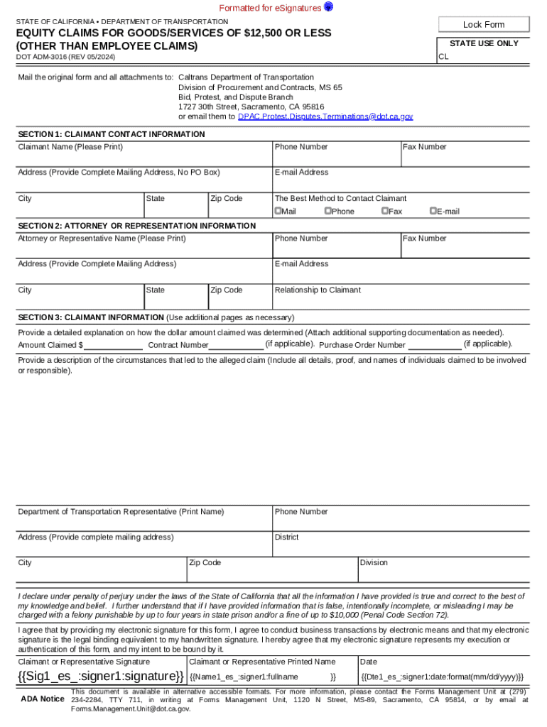 DOT ADM-3016: Equity Claims for Goods Services of $12,500 or Preview on Page 1