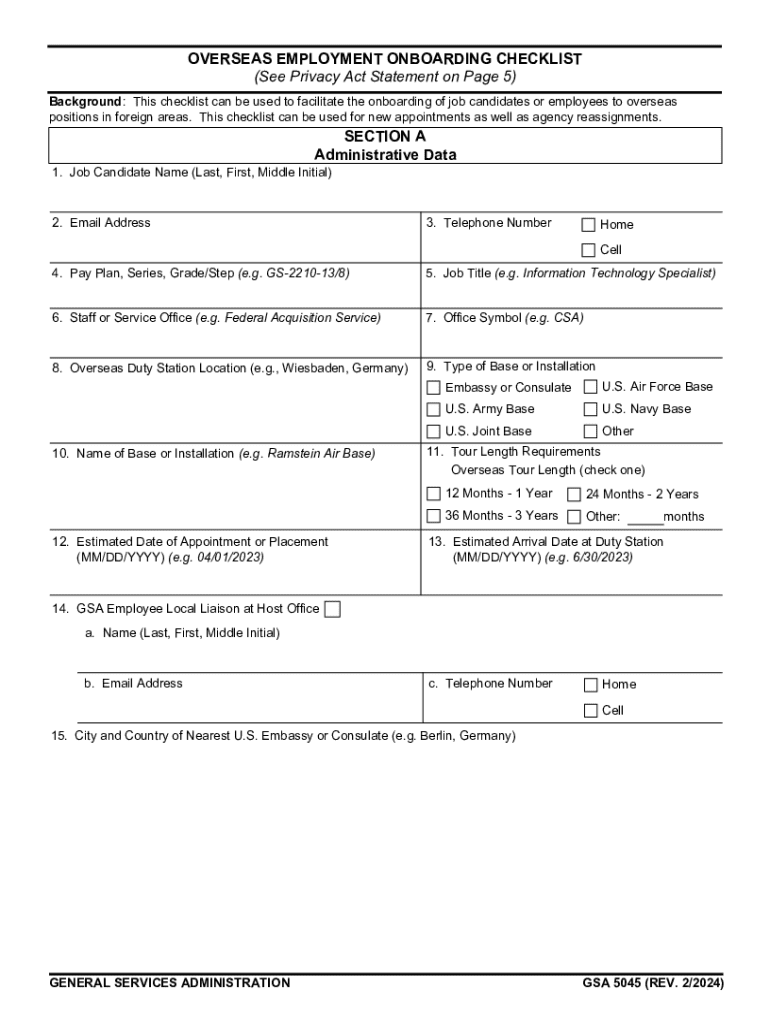 GSA 5045 - Overseas Employment Onboarding Checklist Preview on Page 1