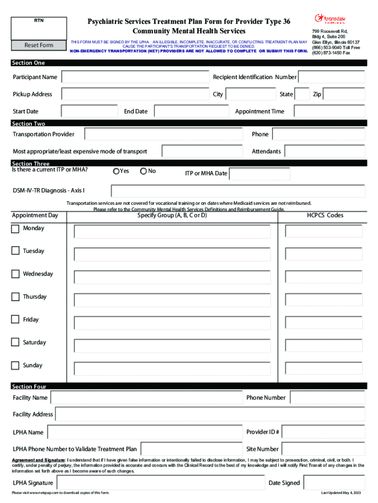 Fillable Online psychiatric services treatment plan form for Preview on Page 1
