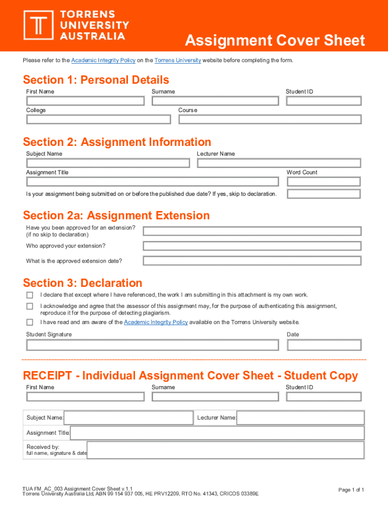 2021-2025 Form AU Torrens University Assignment Cover Sheet Fill Online ...