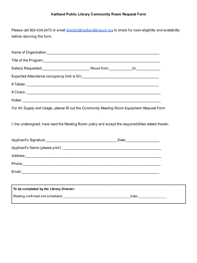 Fillable Online Hartland Public Library Community Room Request Form Fax ...
