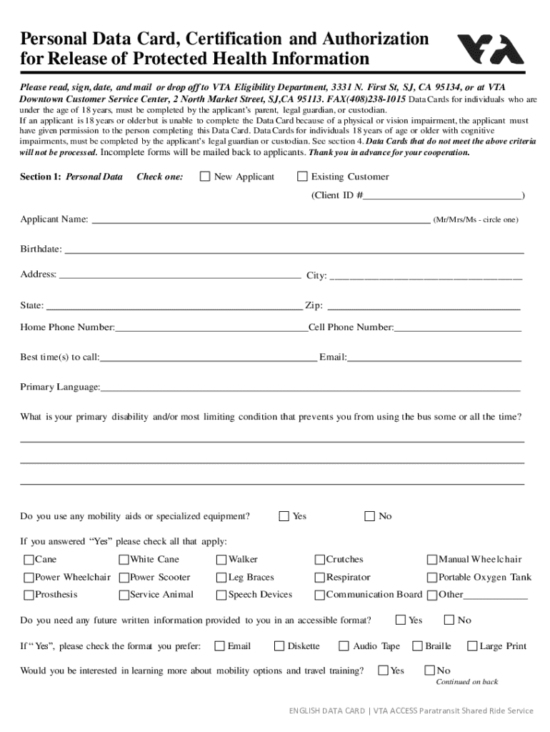 Fillable Online Personal Data Card, Certification and Authorization for ...