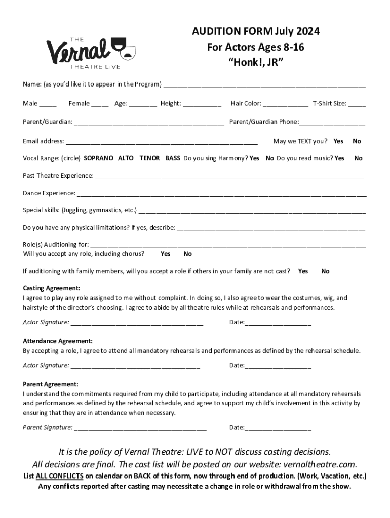 AUDITION FORM July 2024 For Actors Ages 8-16 Honk!, JR Preview on Page 1