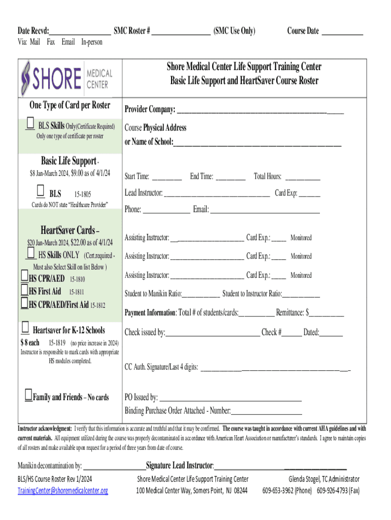 Fillable Online Basic Life Support and HeartSaver Course Roster One ...