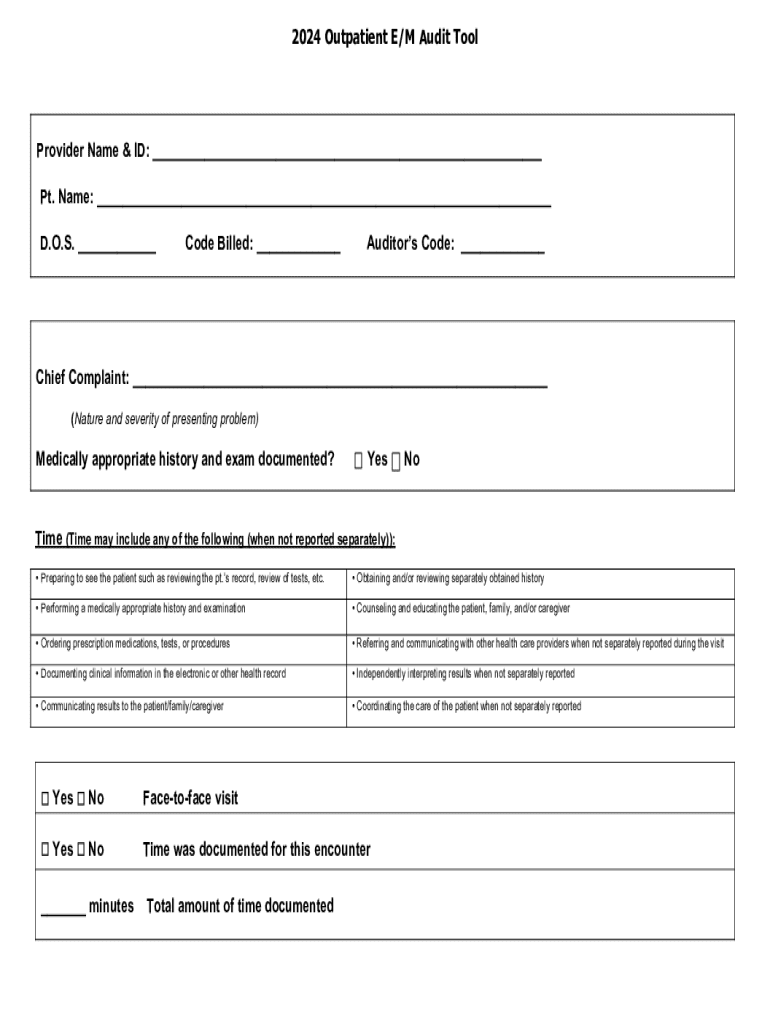 Fillable Online E-M audit tool-MCCG240 week 2 .xlsx - Provider Name ...