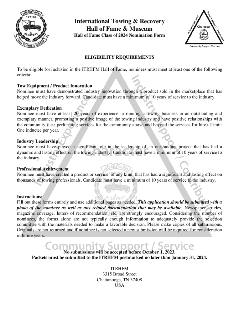 Hall of Fame Nomination Form - International Towing Preview on Page 1