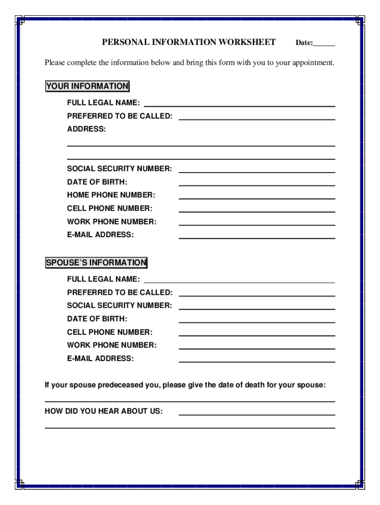 Fillable Online PERSONAL INFORMATION WORKSHEET Date Fax Email Print ...