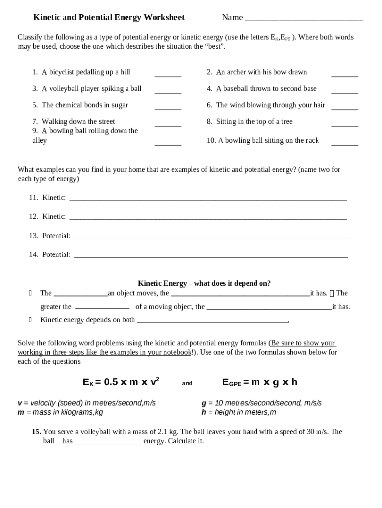 and potential energy worksheet answer keyk o Doc Template pdfFiller