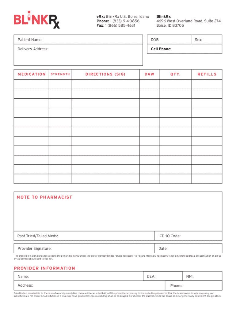 BlinkRx Prescription Form Preview on Page 1