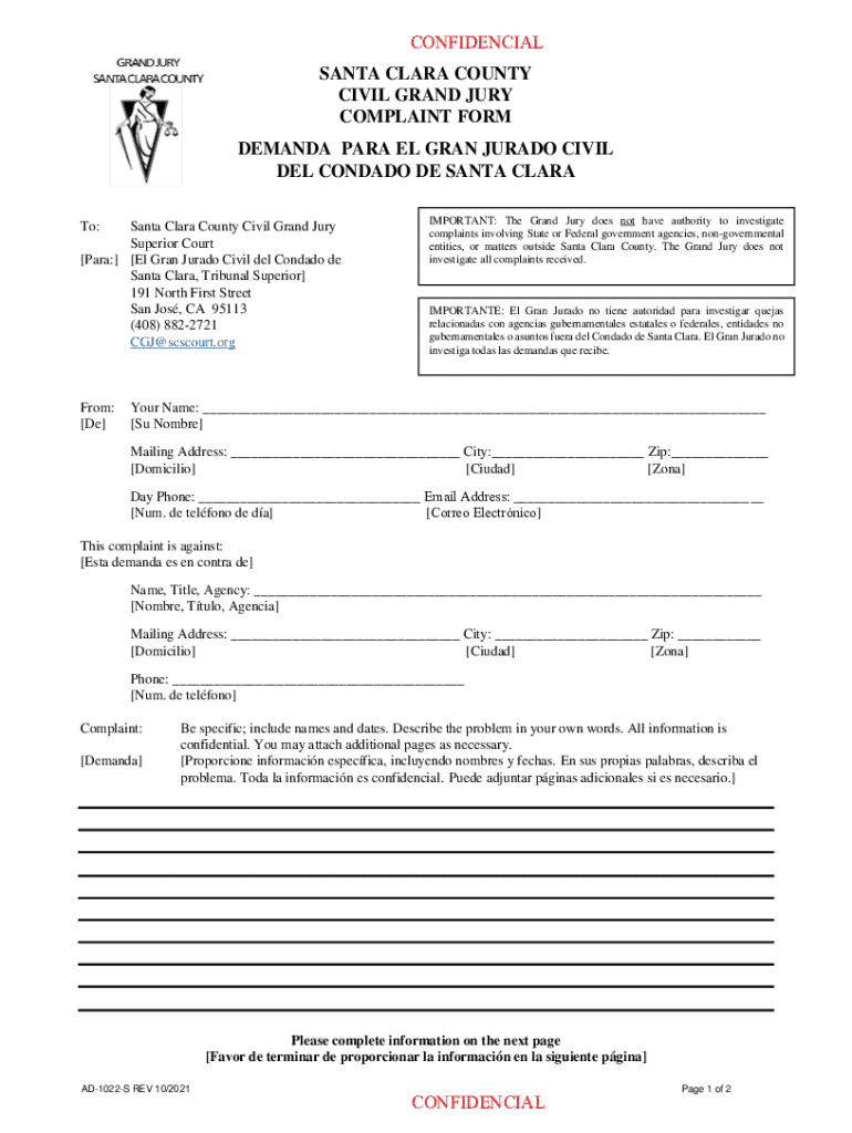 santa clara county civil grand jury complaint form demanda Preview on Page 1