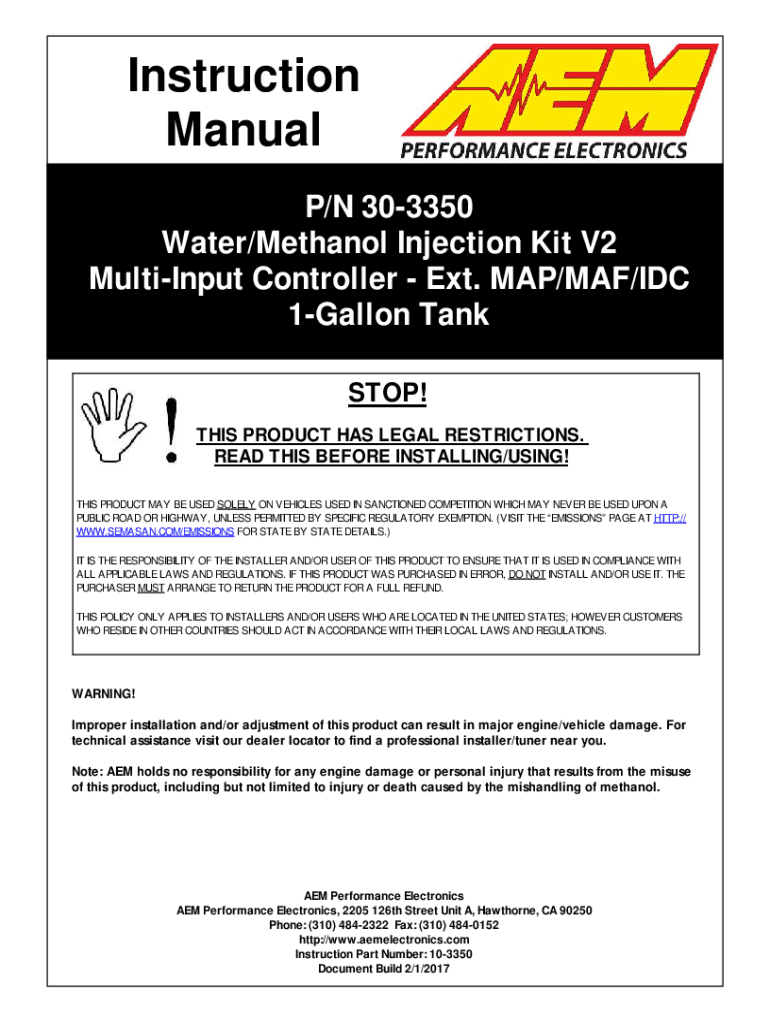 Fillable Online AEM V3 Naturally Aspirated Water/Methanol Injection Kit ...